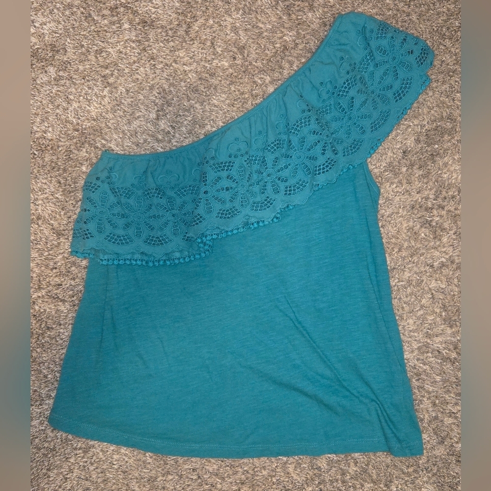Anthropologie Teal One-Shoulder Lace Top Womens Small